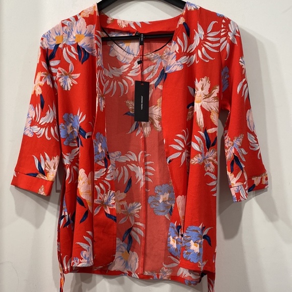 Vero Moda Bali 3/4 Sleeve Kimono Wrap Top Red Floral size S - Picture 9 of 13